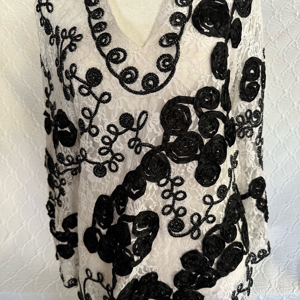 Black and White Lace Top with Floral Design